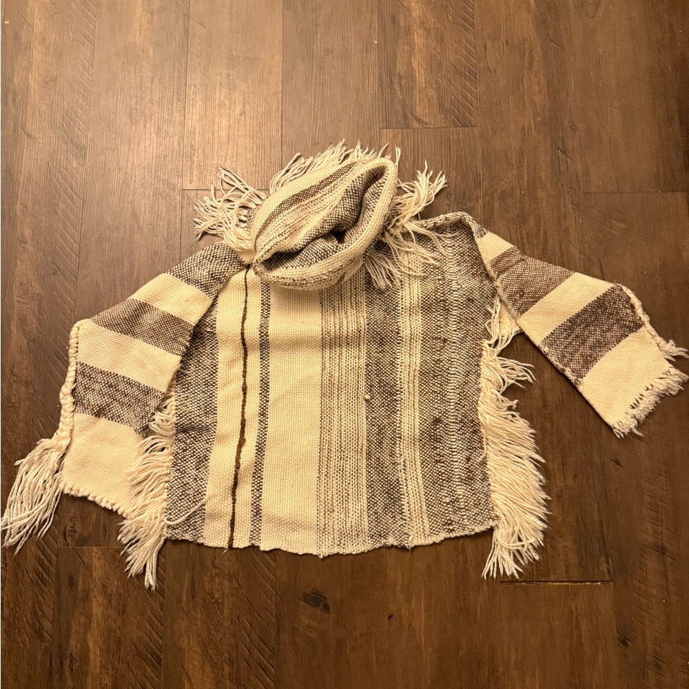 Striped Fringe Poncho Sweater